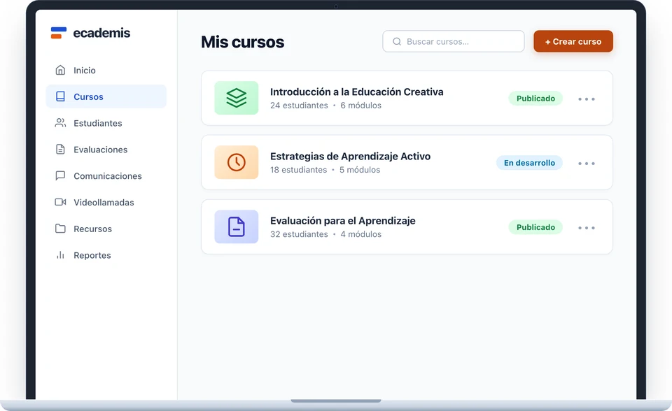 Panel de gestión de cursos y experiencia educativa en Ecademis