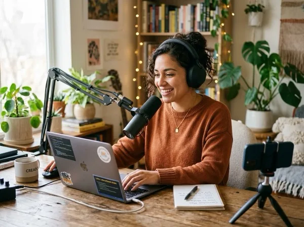 Educadora y creadora de contenido grabando lecciones de audio