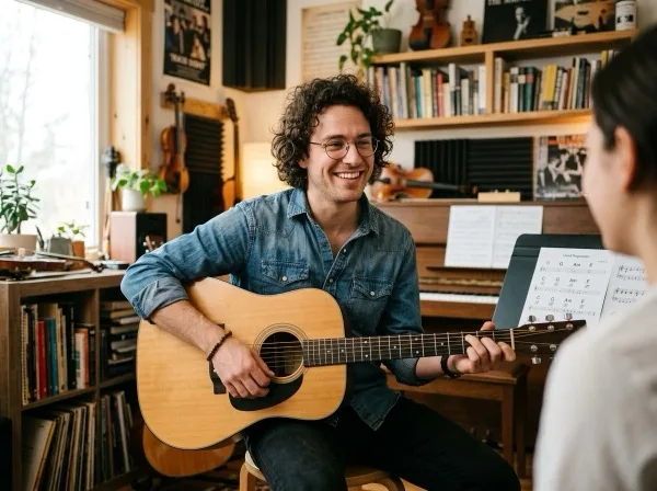 Profesor de música enseñando guitarra a estudiantes